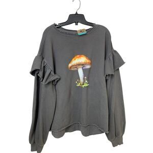 New Hand Printed Womens Small Wild Mushroom Fungalcore Boho Ruufled Sweatshirt